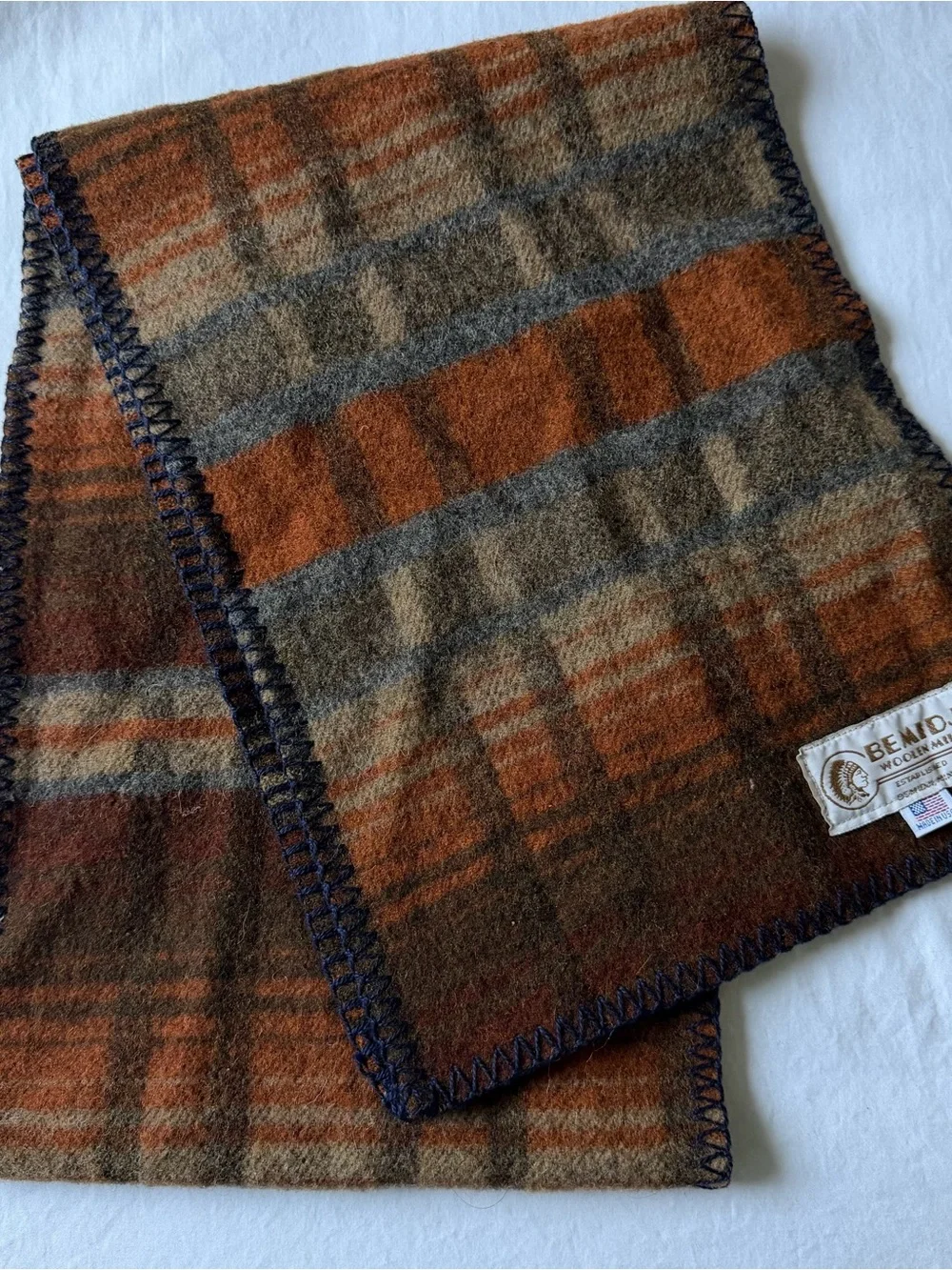 Vintage Bemidji Woolen Mills Wool Scarf Brown Plaid Blanket Stitch USA 60x10